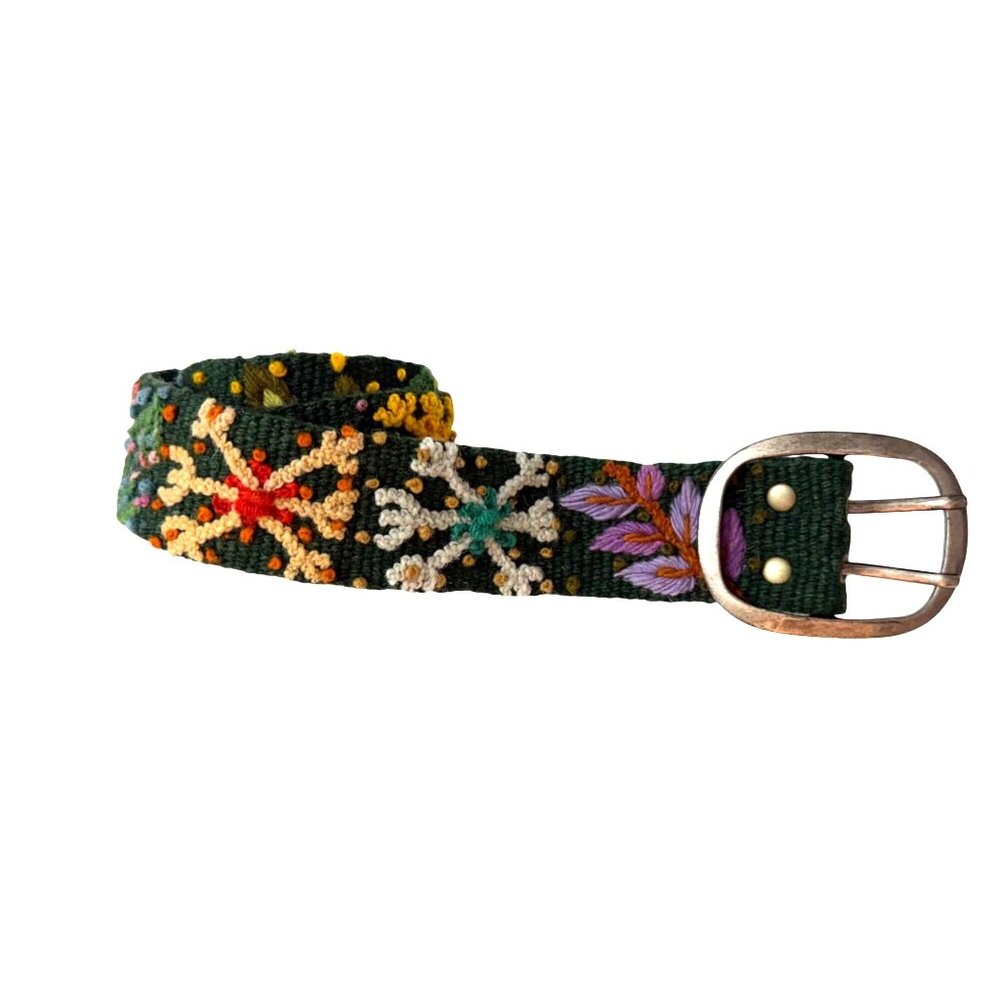 Jenny Krauss Anthropologie Women's Belt M Green Wool Snowflake Embroidered Peru